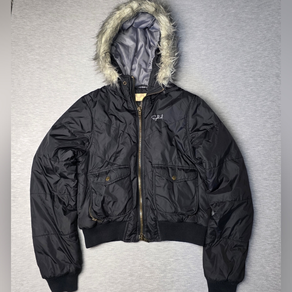 Ezekiel Black Hooded Jacket with Faux Fur Trim Vintage Puffer Y2K Size Medium